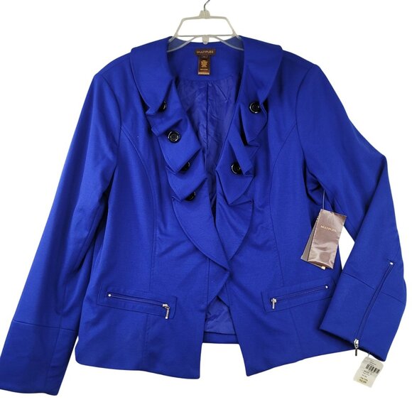 Multiples Ruffle-Front Button Blazer Size L Marine Blue Stylish Layering New - Picture 1 of 14